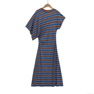Women's Striped Maxi Dress Polyester Cotton Asymmetric Ruffle Design Round Neck Short Sleeve Streetwear Casual Long Dress for Summer