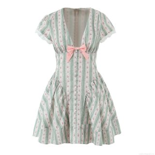 Women's Summer V-Neck Puff Sleeve Bow Floral Striped Cotton Blend Dress Sweet Slim Fit Short Sleeve Lace Trim Cottagecore Mini Dress Holiday Party A-Line Sun Dress