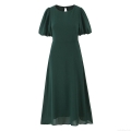 Women Summer Puff Sleeve Midi Dress 100% Polyester Dark Green Solid Color Round Neck Backless Waist Slimming Elegant European Style Casual Daily Party Gown For Women