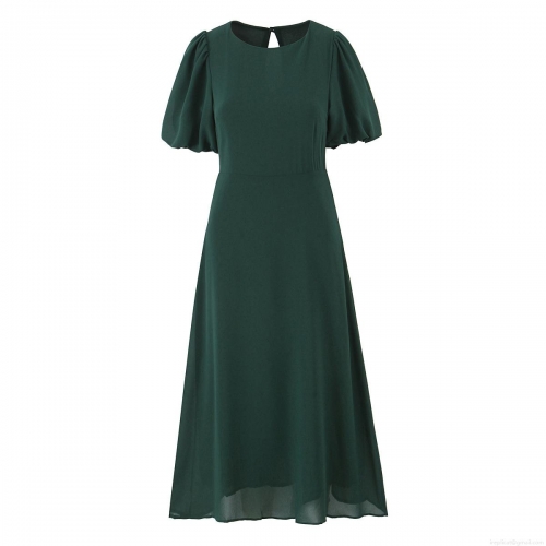Women Summer Puff Sleeve Midi Dress 100% Polyester Dark Green Solid Color Round Neck Backless Waist Slimming Elegant European Style Casual Daily Party Gown For Women