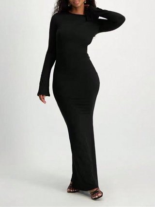 Women's Sexy Backless Long Sleeve Maxi Dress Elegant Bodycon Knitted Jersey Evening Party Club Long Dresses Solid Color Ladies Clothing