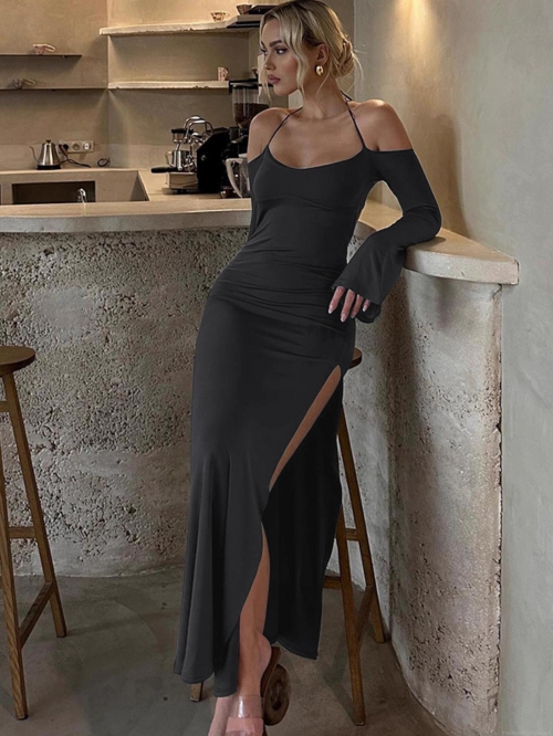 Sexy Halter Neck Cold Shoulder Long Sleeve Maxi Dress Women Solid Color Backless Side Slit Knit Bodycon Party Evening Gown Elegant Slim Fit Dress