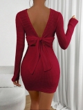 Women's Sexy Backless Waffle Knit Bodycon Mini Dress With Large Bow Long Sleeve Round Neck High Waist Party Evening Dress