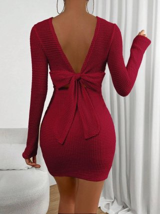 Women's Sexy Backless Waffle Knit Bodycon Mini Dress With Large Bow Long Sleeve Round Neck High Waist Party Evening Dress