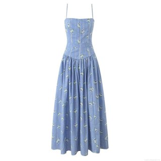 Women's Spaghetti Strap Maxi Dress Floral Daisy Print Nylon Elastane Blend Backless Sundress With Back Zipper Ladder Lace Trim Summer Beach Vacation Bohemian Style