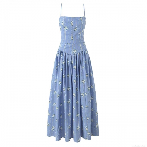 Women's Spaghetti Strap Maxi Dress Floral Daisy Print Nylon Elastane Blend Backless Sundress With Back Zipper Ladder Lace Trim Summer Beach Vacation Bohemian Style