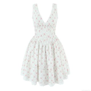 Women's Summer Floral Print V-Neck Sleeveless Mini Dress With Lace Trim Nylon Elastane Fabric Elegant Waist-Cinching A-Line Cottagecore Party Dress