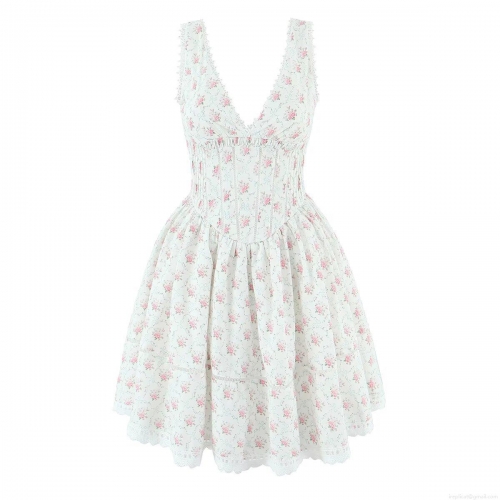 Women's Summer Floral Print V-Neck Sleeveless Mini Dress With Lace Trim Nylon Elastane Fabric Elegant Waist-Cinching A-Line Cottagecore Party Dress