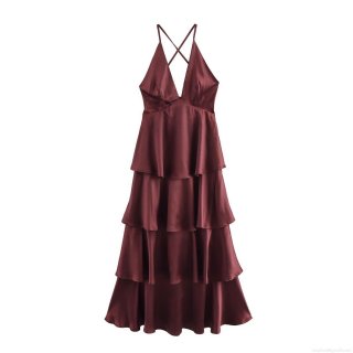 Women Sexy Backless Satin Midi Dress V Neck Crossover Straps Tiered Cake Hem 100% Polyester Evening Party Wedding Guest Dress