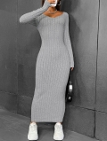 Women's Sexy V-Neck Ribbed Knit Maxi Dress Long Sleeve Slim Fit Bodycon Ankle Length Gray Polyester Elastane Pencil Dress For Autumn Winter Dating Party Women