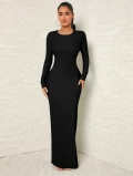 Sexy Backless Bodycon Maxi Dress For Women Long Sleeve Round Neck High Slit Evening Party Club Wear Elegant Floor Length Knit Dress