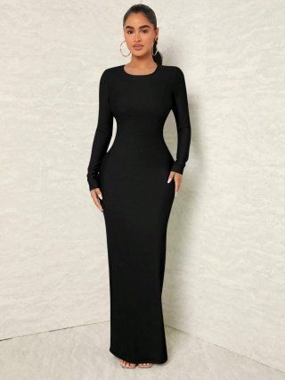 Sexy Backless Bodycon Maxi Dress For Women Long Sleeve Round Neck High Slit Evening Party Club Wear Elegant Floor Length Knit Dress