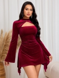 Elegant Wine Red Velvet Hollow Out Flare Sleeve Mini Dress With 95% Polyester 5% Elastane Bodycon Slim Fit Evening Party Women Clothing