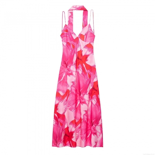 Women's Sexy Floral Print Halter Maxi Dress 100% Polyester Backless V-Neck Sleeveless A-Line Long Dress For Summer Vacation Beach Party Gown