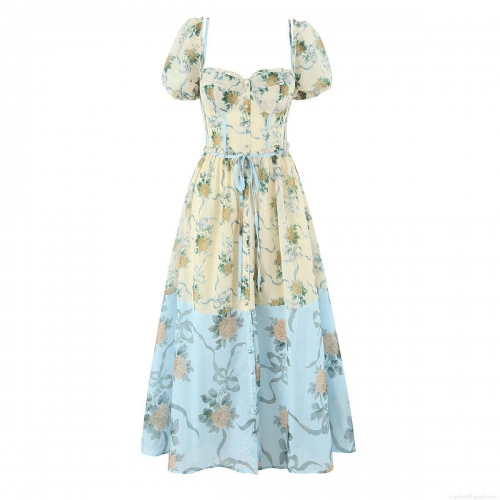 Women Summer Floral Patchwork Square Neck Puff Sleeve Dress French Vintage Rose Print Tie Waist Midi Dress Party Vacation Polyester Dress