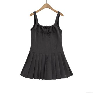Women's Summer Dark Grey Suspender Mini Dress Polyester A-Line Pleated Hem Bow Tie Waist Square Neck Cami Dress For Dating Party Streetwear Fashion