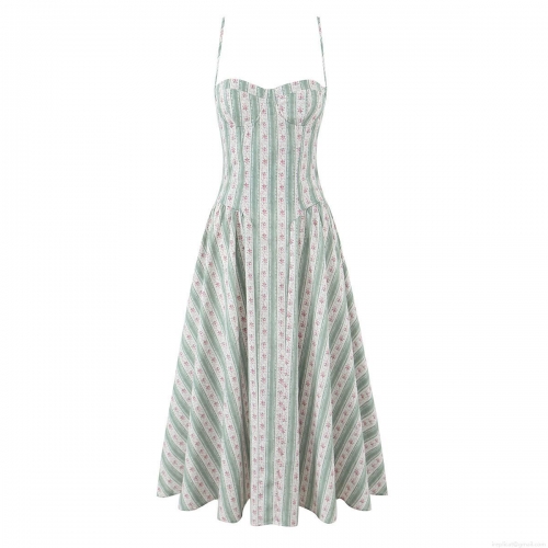 Women's Retro Floral Stripe Cami Midi Dress Elegant Underwire Ruched Spaghetti Strap Summer Sundress for Vacation Sleeveless Bodycon A-Line Dress