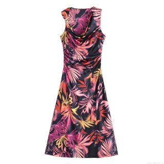 Women's Summer Sleeveless Cowl Neck Tropical Print Ruched Midi Dress Elegant Sexy Bodycon Vacation Party Dress With Metal Detail