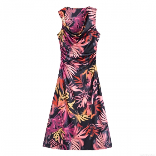 Women's Summer Sleeveless Cowl Neck Tropical Print Ruched Midi Dress Elegant Sexy Bodycon Vacation Party Dress With Metal Detail