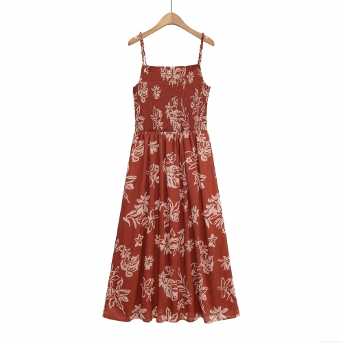 Summer Women's Floral Print Smocked Cami Maxi Dress Sleeveless Spaghetti Strap Slim Fit Terracotta Beach Vacation Sundress For Women