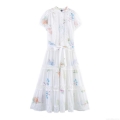 Women's Bohemian V-Neck Puff Sleeve Lace Patchwork Maxi Dress Elegant Floral Print Hollow Out White Vacation Dress For Women