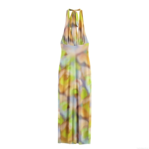 Women Halter Neck Backless Abstract Print Mesh Maxi Dress Summer Bohemian Vacation Style Sleeveless Long Sundress Polyester Beachwear Clothing