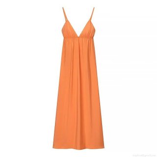 Sexy V-Neck Backless Lace-Up Camisole Midi Dress For Women Summer Beach Vacation Party Solid Color Pleated Polyester Dress
