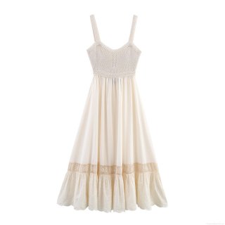 Women's Ivory White Knit Splicing Camisole Dress V-Neck Backless Lace-Up Midi Bohemian Summer Streetwear Dress With Lace Trim Embroidery