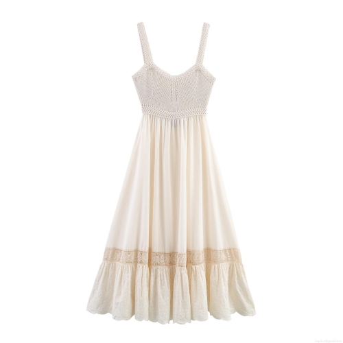 Women's Ivory White Knit Splicing Camisole Dress V-Neck Backless Lace-Up Midi Bohemian Summer Streetwear Dress With Lace Trim Embroidery