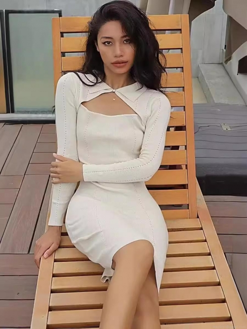 Women's Sexy Hollow Out Knit Mini Dress Rayon Nylon Blend Ribbed Bodycon Long Sleeve Lapel Pearl Button Dress For Party Evening Streetwear Vacation