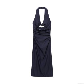Sexy Navy Blue Halter Neck Midi Dress For Women Backless Cutout Design With Metal Ring Slit Hem Polyester Faux Denim Street Style Summer Bodycon Dresses