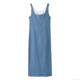 Women's Casual Denim Cotton Splicing Midi Dress Sleeveless U-Neck Solid Color Loose Fit Vest Dress With Back Zipper For Summer Vacation Streetwear Ladies Fashion