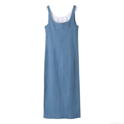 Women's Casual Denim Cotton Splicing Midi Dress Sleeveless U-Neck Solid Color Loose Fit Vest Dress With Back Zipper For Summer Vacation Streetwear Ladies Fashion