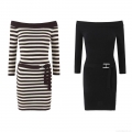 Women Off-Shoulder Knitted Bodycon Mini Dress Long Sleeve Contrast Striped Elegant Slim Fit Streetwear Dress With H-Buckle Belt