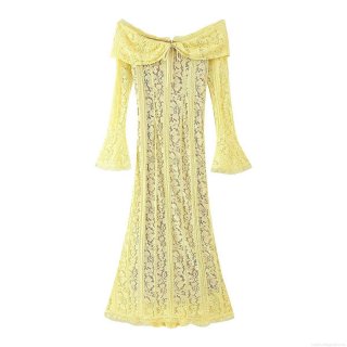 Women's Sexy Off-The-Shoulder Lace Hollow Maxi Dress With Lining Elegant Long Sleeve Backless Bow Yellow Evening Party Dress