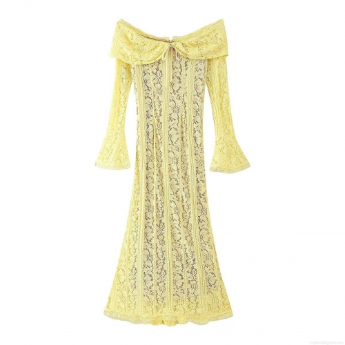 Women's Sexy Off-The-Shoulder Lace Hollow Maxi Dress With Lining Elegant Long Sleeve Backless Bow Yellow Evening Party Dress