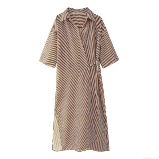 Women's Striped Shirt Dress Lapel V Neck Short Sleeve Midi Dress With Tie Waist Casual Loose Streetwear Beach Vacation Polyester A-Line Striped Dress