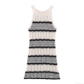 Women's Halter Neck Knitted Mini Dress Color Block Striped Hollow Out Sleeveless Bodycon Short Dress Summer Beach Vacation Streetwear