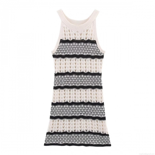 Women's Halter Neck Knitted Mini Dress Color Block Striped Hollow Out Sleeveless Bodycon Short Dress Summer Beach Vacation Streetwear