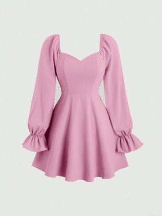 Sweet Pink Long Sleeve Mini Dress For Women Square Neck Puff Sleeve Ruffle Cuff A-Line Slim Fit Casual Dating Party Dress 93% Polyester 7% Elastane Textured Fabric
