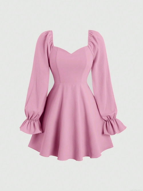 Sweet Pink Long Sleeve Mini Dress For Women Square Neck Puff Sleeve Ruffle Cuff A-Line Slim Fit Casual Dating Party Dress 93% Polyester 7% Elastane Textured Fabric