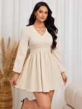 Elegant Women V-Neck Long Sleeve Mini Dress Polyester Elastane Elastic Waist Solid Color Knitted A-Line Short Dress Office Dating Party Ladies Clothing