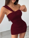 Sexy One Shoulder Ruched Bodycon Mini Dress For Women Solid Color Sleeveless Polyester Elastane Blend Night Club Party Wear Evening Dress