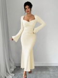 Women's Elegant Knit V-Neck Maxi Dress Ruched Bodycon Long Flare Sleeve Mermaid Hem Evening Party Wedding Guest Solid Color Long Skirt
