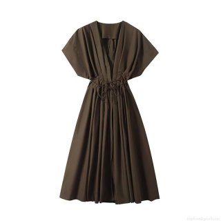 Women's Polyester V Neck Short Sleeve Maxi Dress Solid Color Gathered Waist With Drawstring Tie Western Street Style Casual Long Dress For Women