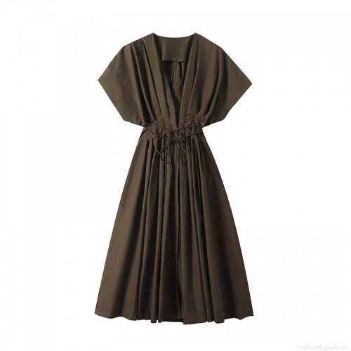 Women's Polyester V Neck Short Sleeve Maxi Dress Solid Color Gathered Waist With Drawstring Tie Western Street Style Casual Long Dress For Women