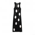 Women's Summer European Style Black Knit Polyester Polka Dot Sleeveless Maxi Dress Casual Loose Round Neck Tank Dress Streetwear Long Dress