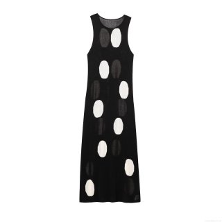 Women's Summer European Style Black Knit Polyester Polka Dot Sleeveless Maxi Dress Casual Loose Round Neck Tank Dress Streetwear Long Dress
