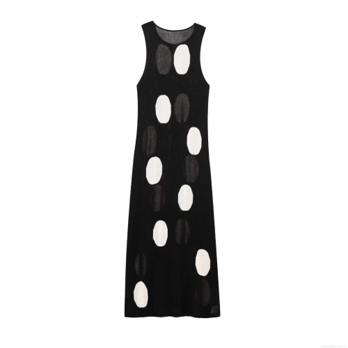 Women's Summer European Style Black Knit Polyester Polka Dot Sleeveless Maxi Dress Casual Loose Round Neck Tank Dress Streetwear Long Dress
