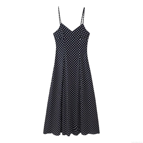 Women's Retro Polka Dot Slip Dress V-Neck Smocking Detail Spaghetti Strap Polyester Blend Maxi Dress For Summer Beach Party Streetwear